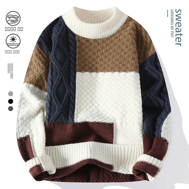 

Модный мужской вязаный свитер в стиле пэчворк, Thiened Long Sve, круглый Ne hine Waable, осенне-зимняя повседневная одежда