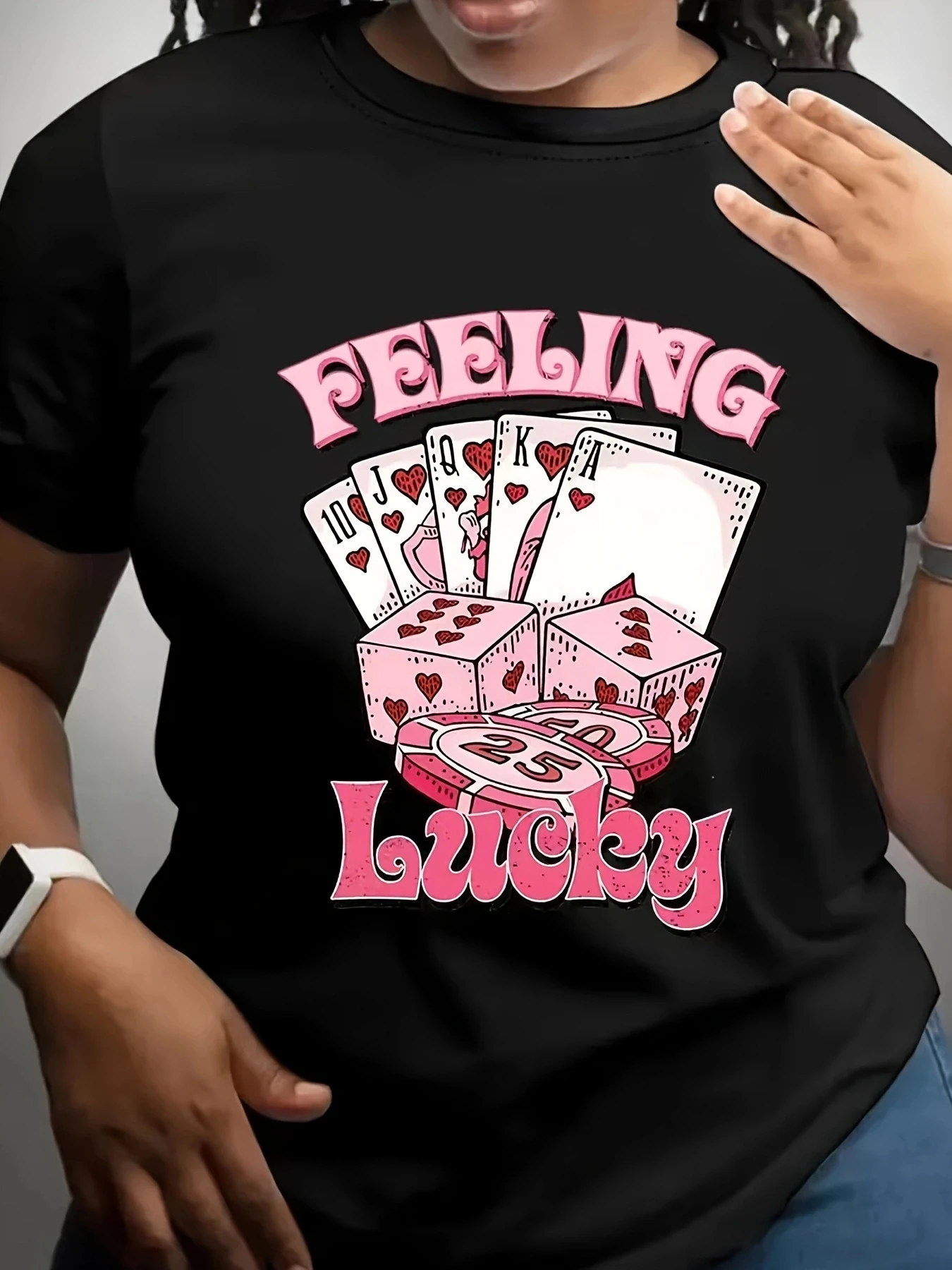

FEELING LUCKY pattern round neck plus size women T-shirt short sleeve trend printing elastic half sleeve T-shirt