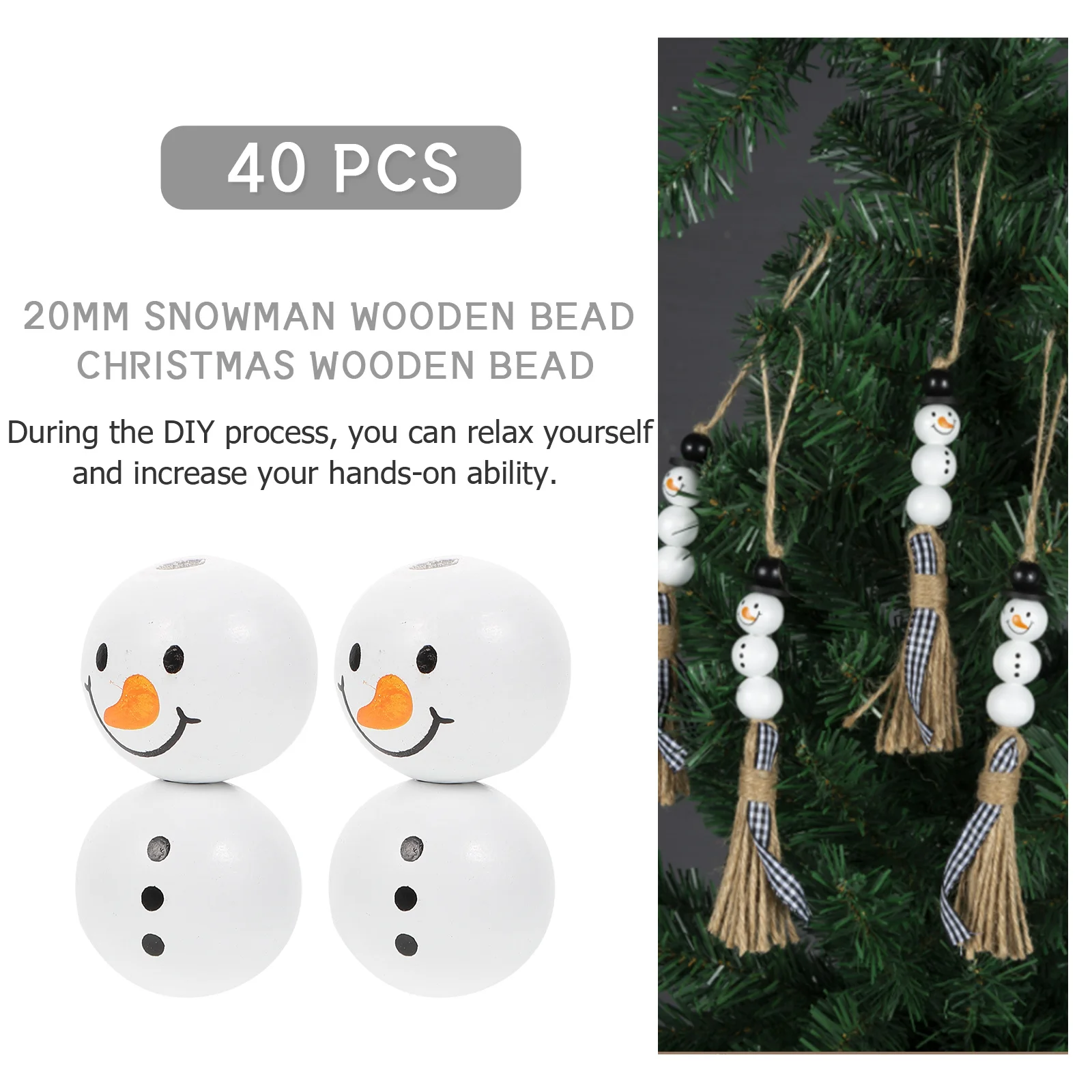 40Pcs Christmas Wooden Beads Snowman DIY Loose Beads Round Spacer Charms Decorative Jewelry Making Pendants Craft Accessories