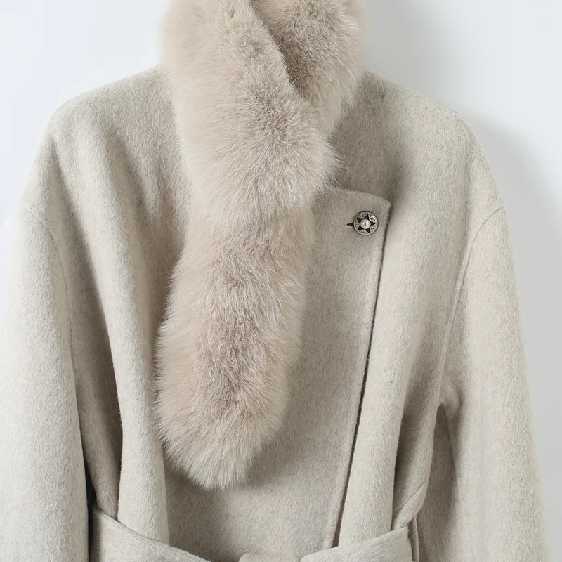 

Warm Double-Faced Woolen Coat with Real Fur Collar Medium-Length Faionable Winter Outerwear for Women Good Goods