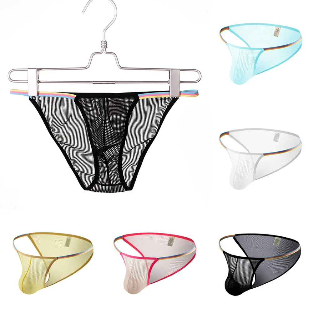 

Mens Sexy Stripe Briefs Pouch Underwear See Through Briefs Low Waist Breathable Triangle Pants Underpants