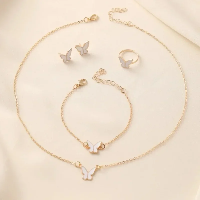 5PCS Personalized Butterfly Glazed Necklace Ring, Exquisite, Small and Fashionable, High End, and High Sense Collar Chain Set