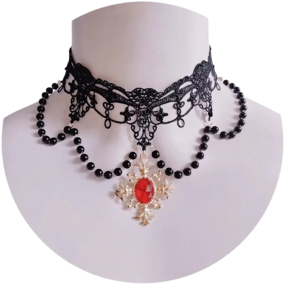 Collar gótico Lolita KC serie Diablo Notre Dame Apollo Sun Punk Rosa perla encaje collar de cadena de clavícula para Halloween