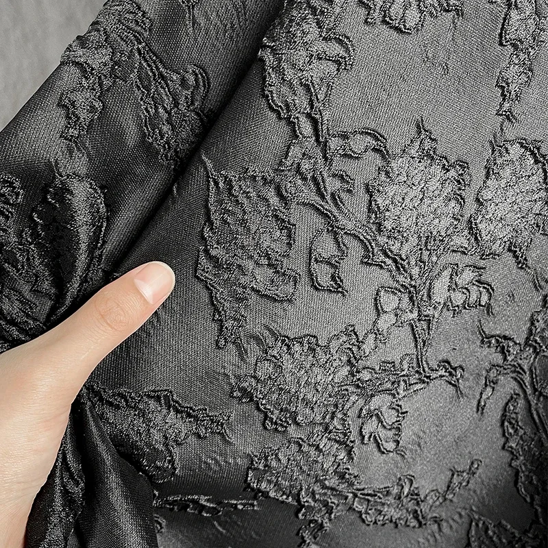 Black Three-dimensional Heavy Texture Pressed Pleated Jacquard Fabric Cheongsam Skirt Clothing Designer Fabric Transformation