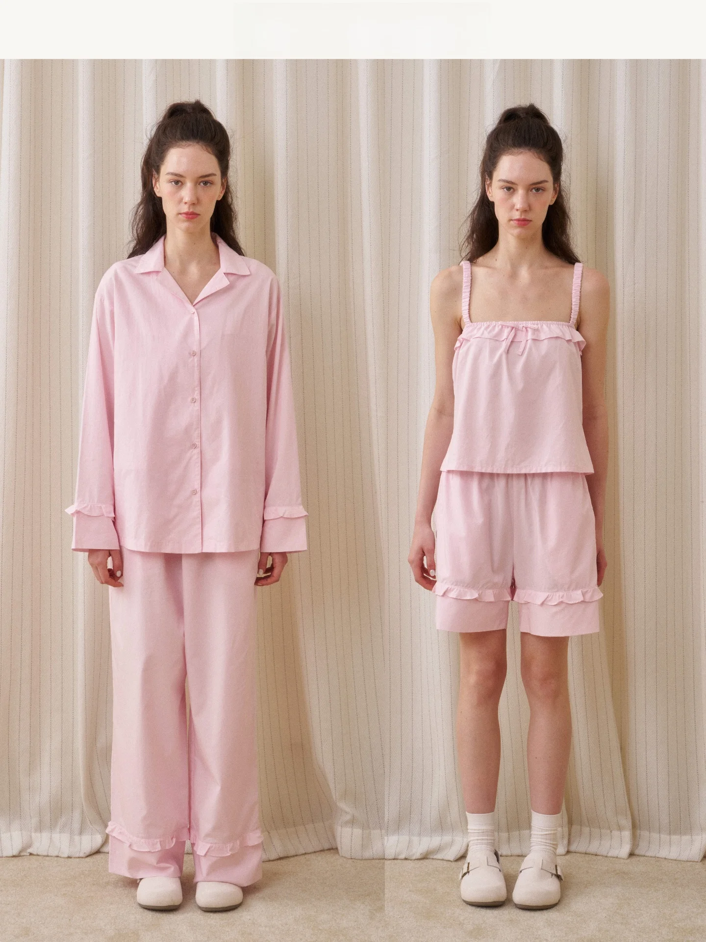 Muabomb26 Cool Sensation Sleepwear Women's  Cotton Casual Home Clothes Set Pink Long Sleeve Mid-Length Straight Pants