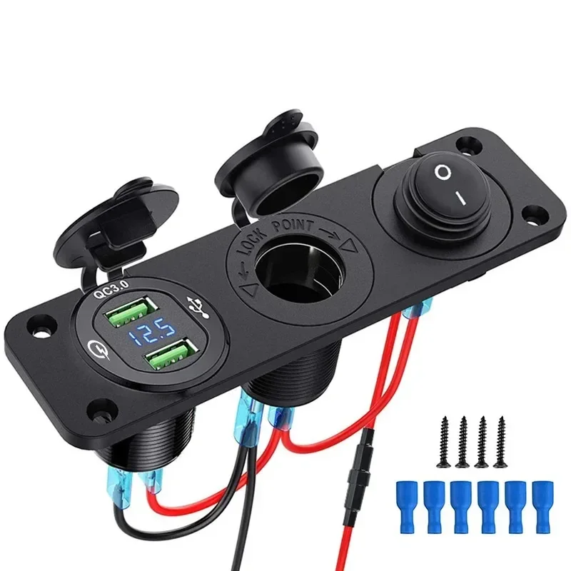 12V Socket Cig-are-tte Lighter Socket 3 in 1 Waterproof Car Dual QC3.0 USB Outlet Panel for RV Marine Boat Power Socket