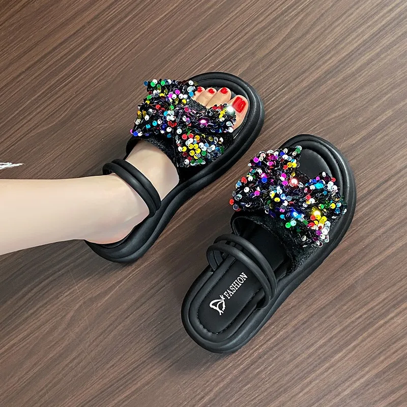 Platform Slippers Sandals Woman Bling Bowknot Thick Sole Slippers Women Chunky New Summer Casual Beach Slides Zapatos Mujer