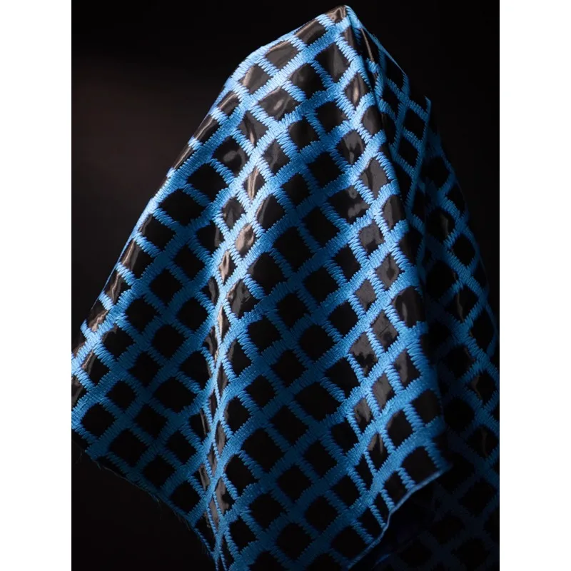 Black and Blue Large Checkered Liquid Glitter Silk Satin Jacquard Texture Fabric Original Designer Fabric for Clothing