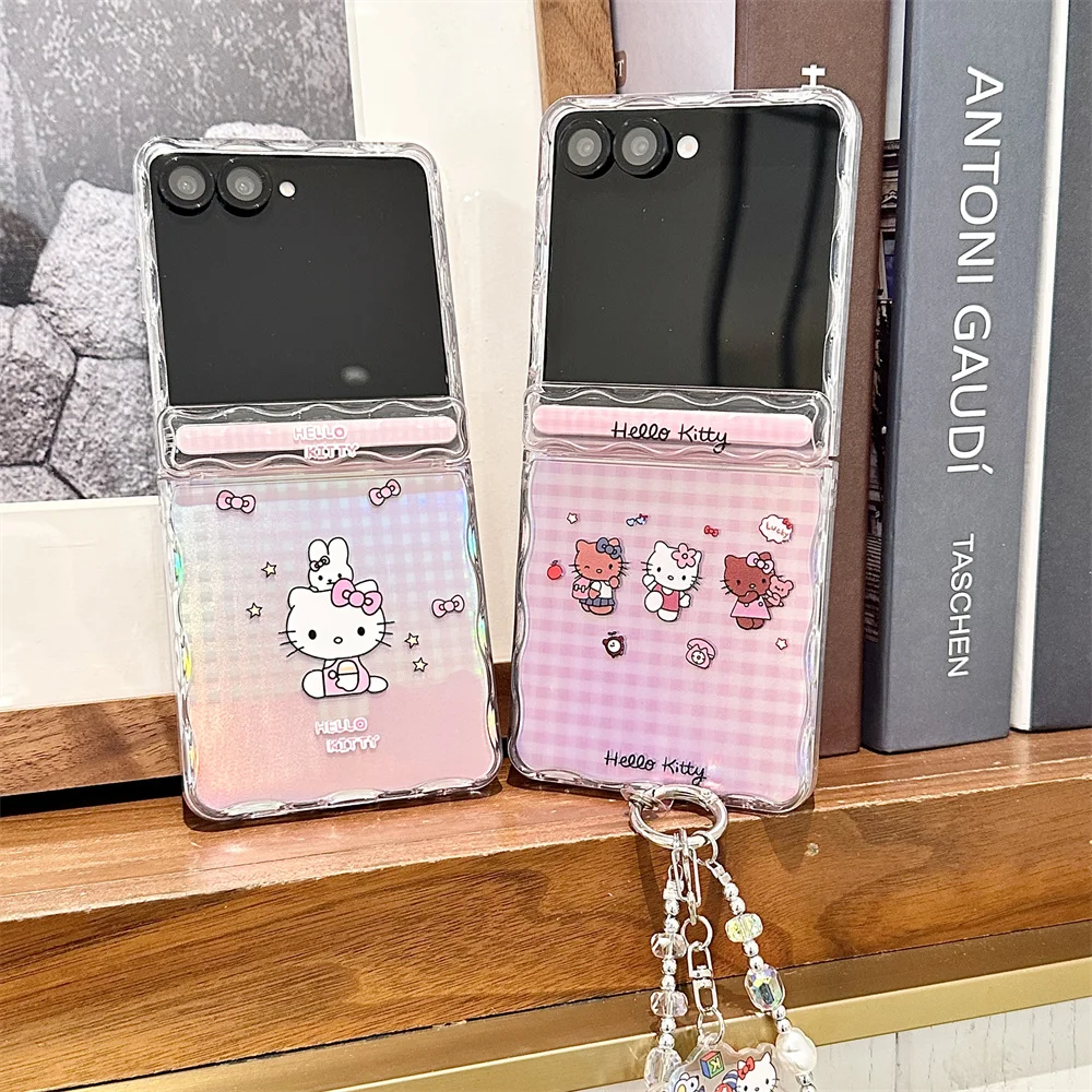 

Korean Plaid Rabbit Kitty Cat Cartoon Phone case for Samsung Galaxy Z Flip7 flip5 6 Funda Cute Cover With Chain Protection Cases