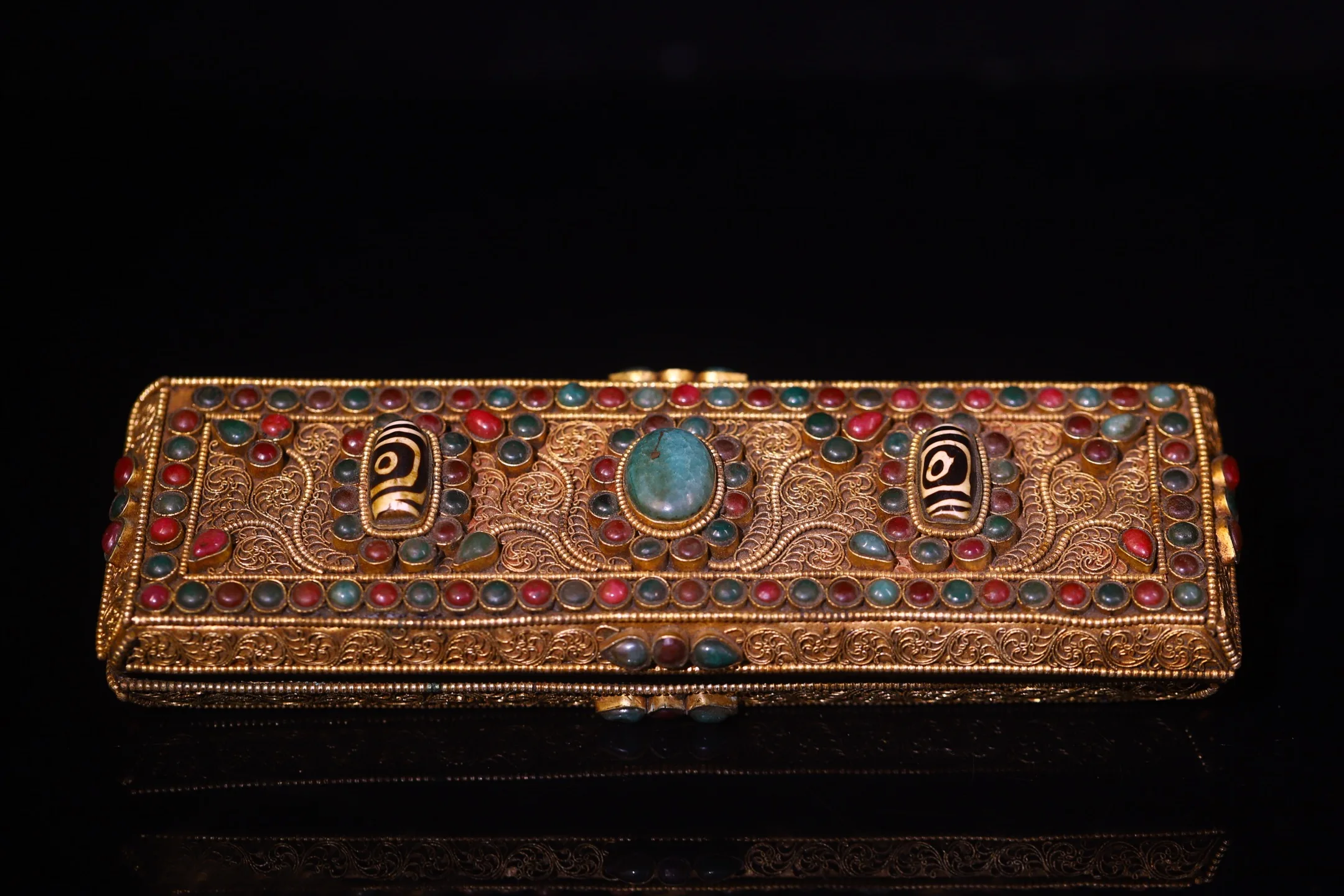 Tibetan Silver Mosaic Gem gZi Beads Turquoise Painted Buddha statue Old scriptures Amitabha  Worship Hall Town house