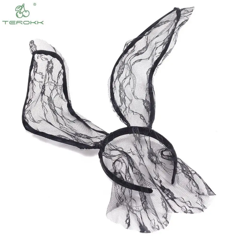 Lace Rabbit Bunny Ears Veil Black Eye Mask Party Head Wear Party Masks For Girl Women Oversized Bow Headband Hair Bands Headwear