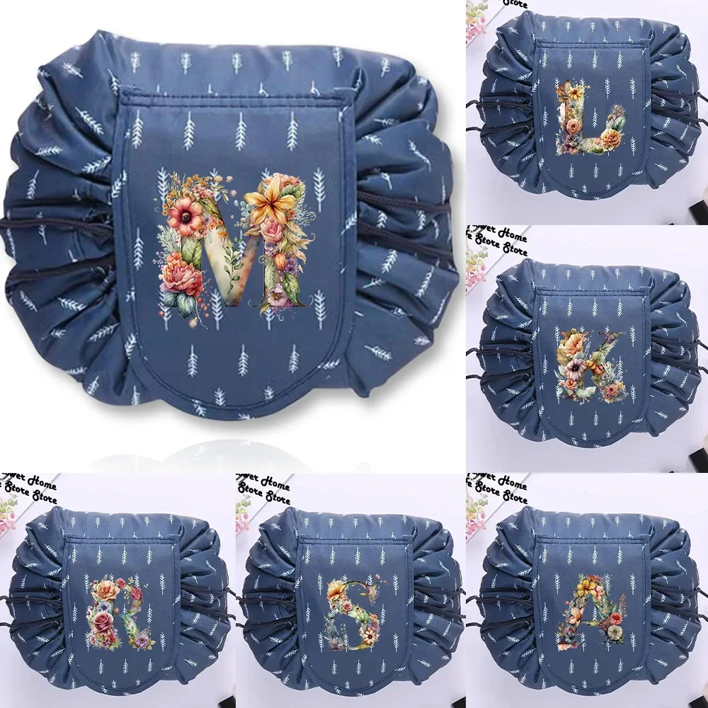 Woman Toilet Bag Cosmetic Bag Drawstring Makeup Bags for Travel Floral Letter Printing Series Portable Cosmetic Organizer Pouch