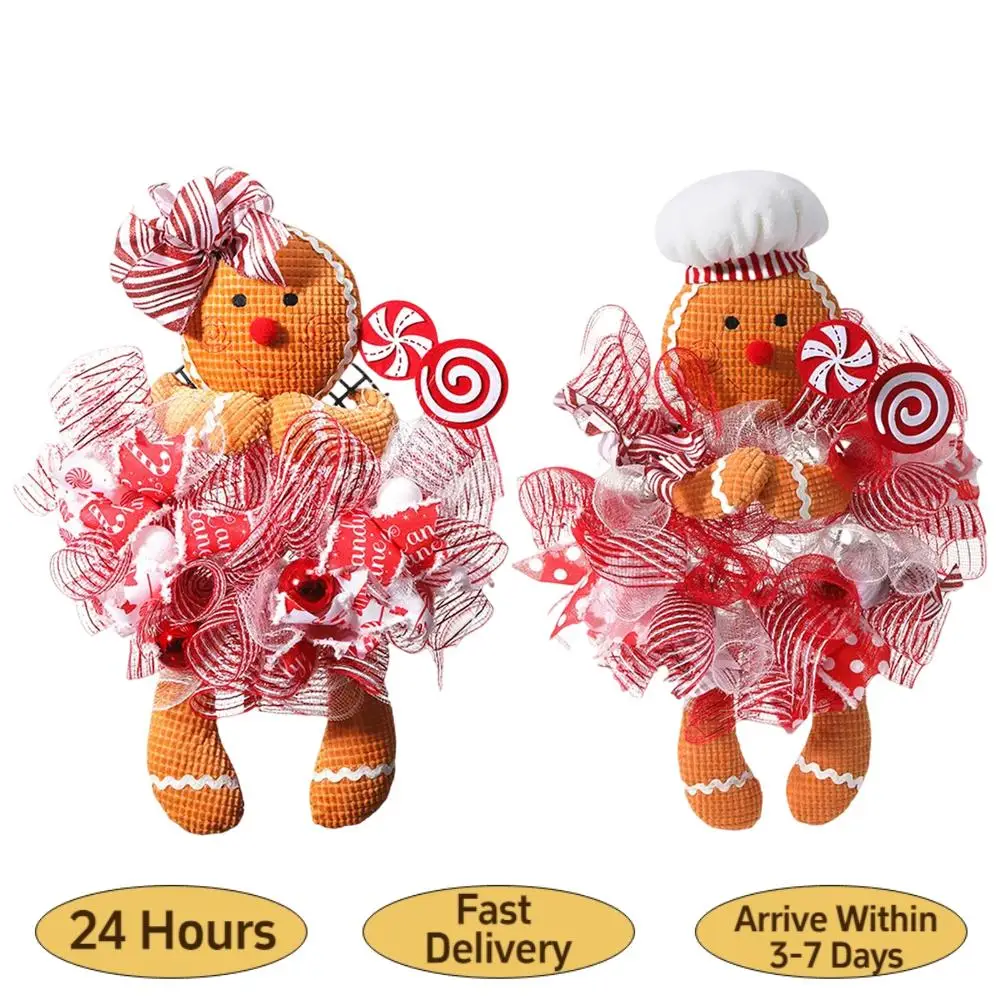 

Рождественский дверной венок с куклой-пряничным человечком и леденцом, для входной двери, стены, камина