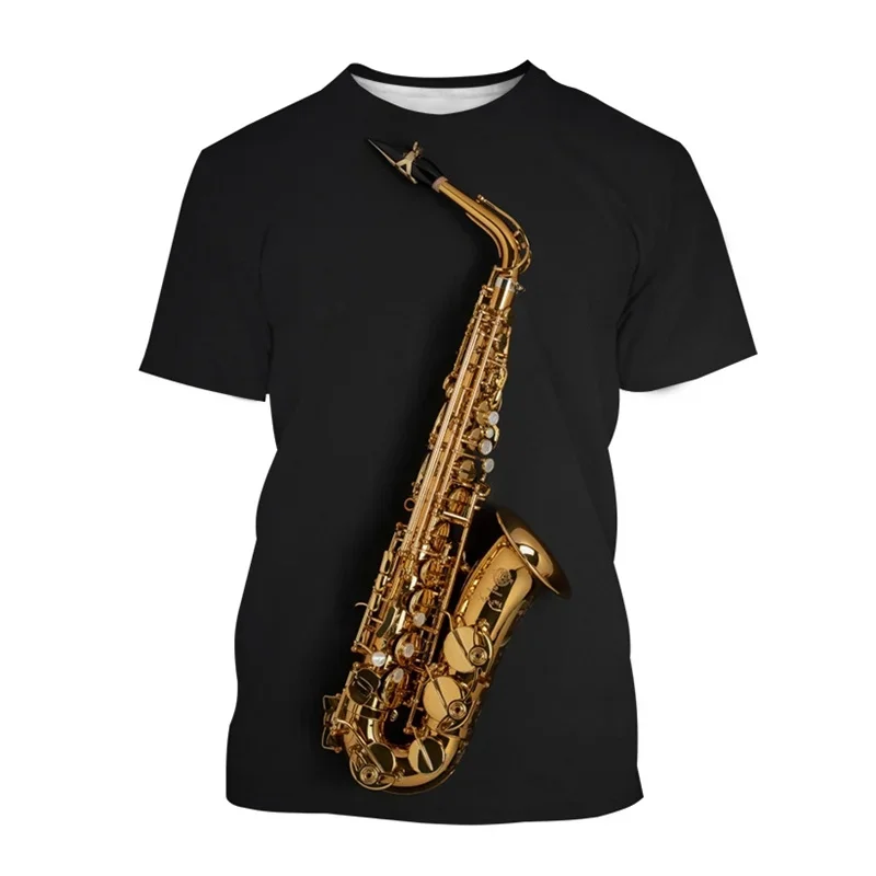 

New Saxophone Jazz Music T-shirt for Men, 3D Printed Casual Round-neck Hip-hop T-shirt Short-sleeved Top