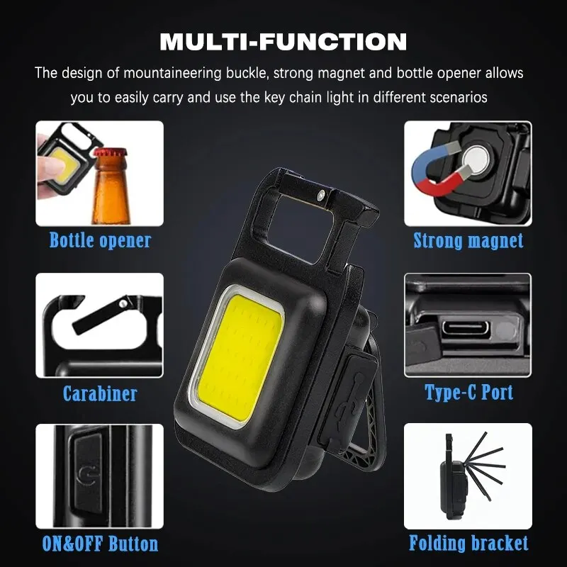 COB Keychain Work Light with 4Mode Rechargeable Small Flashlights High Lumens Portable LED Light for Camping Hiking Running