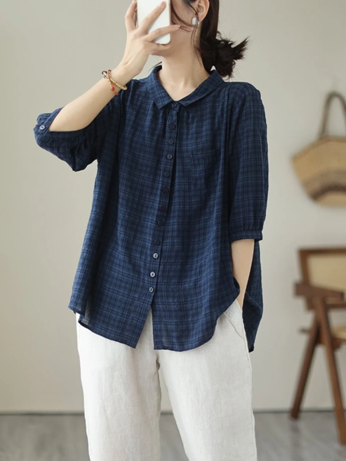 

Large Size Faion Plaid Cotton Linen irt Women Summer Design Single Button Casual Versatile Top Trendy Commute Sle Loose...