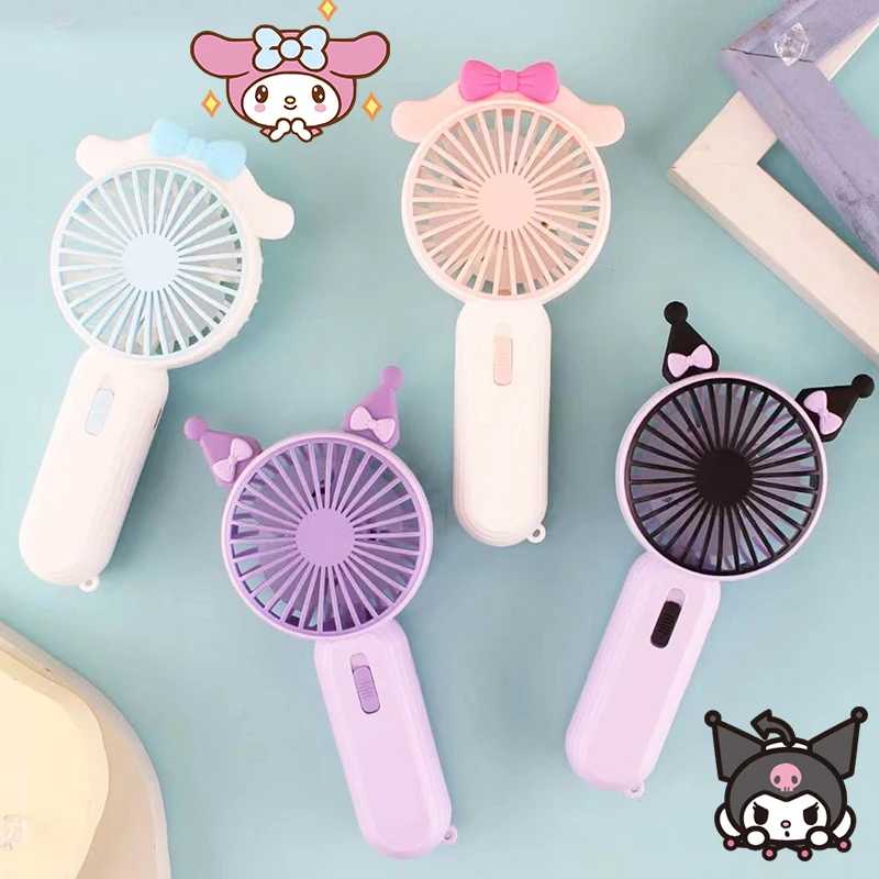 Kuromi Cartoon Sanrio Handheld Electric Fan Charging Stand Up with Light Anime Mini Two Speed Wind Summer Travel Girl Toys Gifts