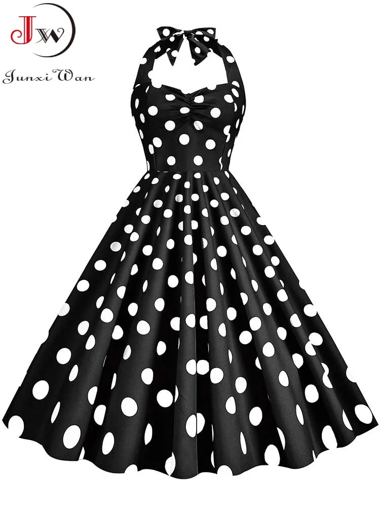 

Black Polka Dot Print Vintage Dress for Women Summer Sexy Halter Elegant Party Prom Midi Sundress