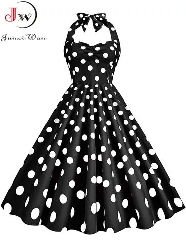 Imagen 2 del producto Vestido de verano Vintage con estampado de lunares negros para mujer, Sexy, Halter, elegante, fiesta de graduación, Midi