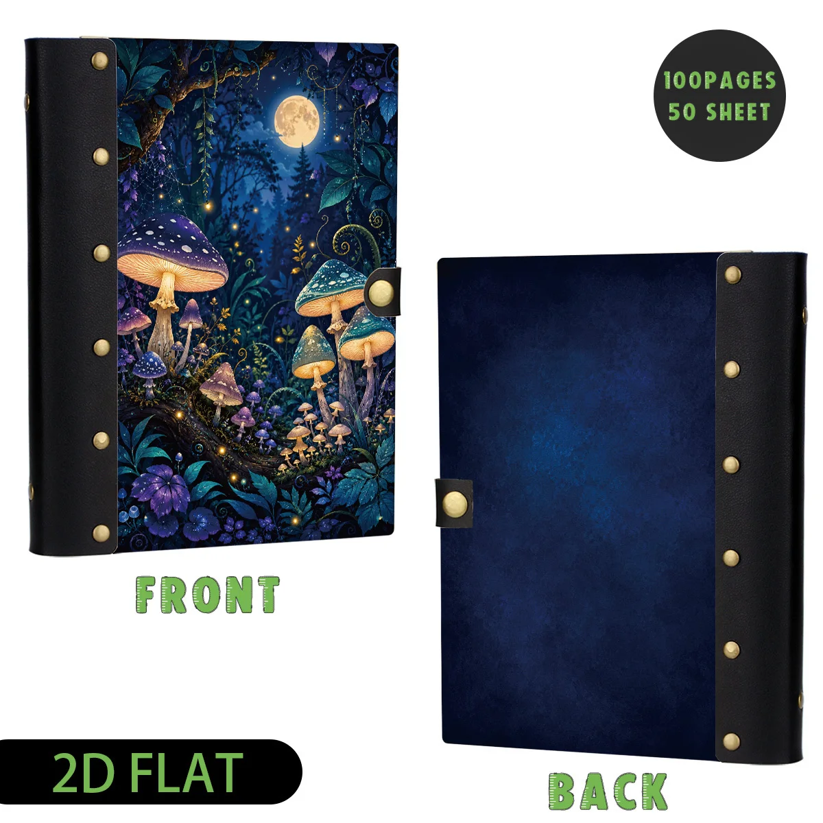 1pc Magical Night Glow Purple Forest Mushroom Wood Leather Binder Notebook, Refillable Loose Leaf, 2D Flat Hard Shell Metal Rive