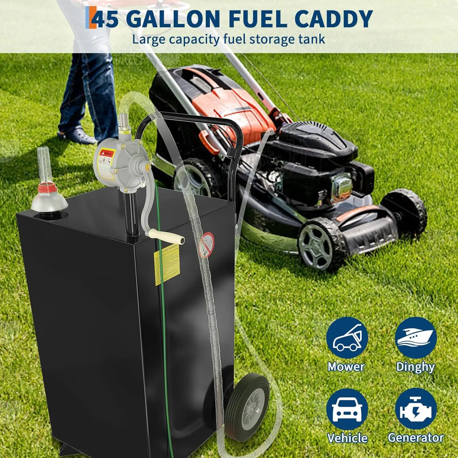 

45 gal Fuel Caddy,Fuel Storage Tank with Manual Transfer Pump,Gasoline Diesel Fuel Container for Cars, Lawn Mowers, ATVs, Boats