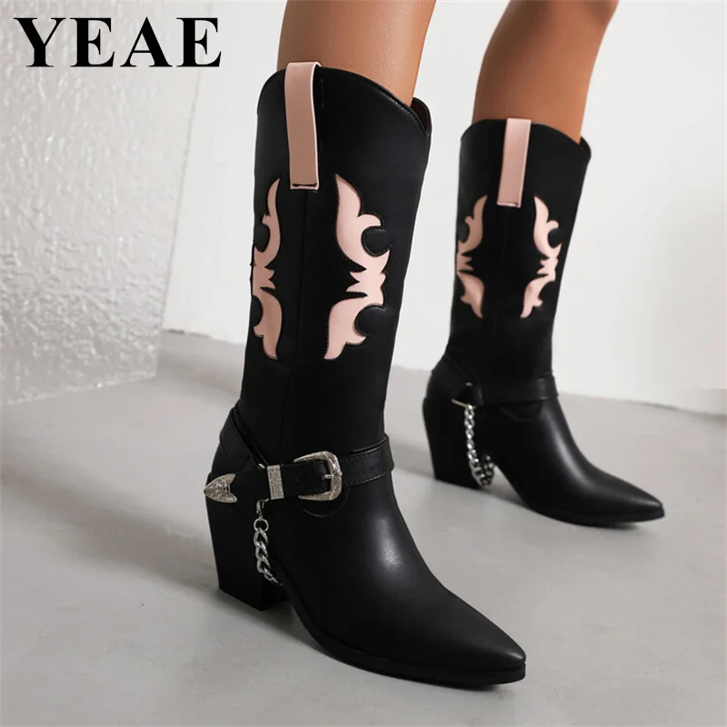 

Metal Chain Cowboy Cowgirl Boots For Women 2023 Fashion Pointed Toe Chunky Heel Mid Calf Western Boots Winter Casual Shoes Women