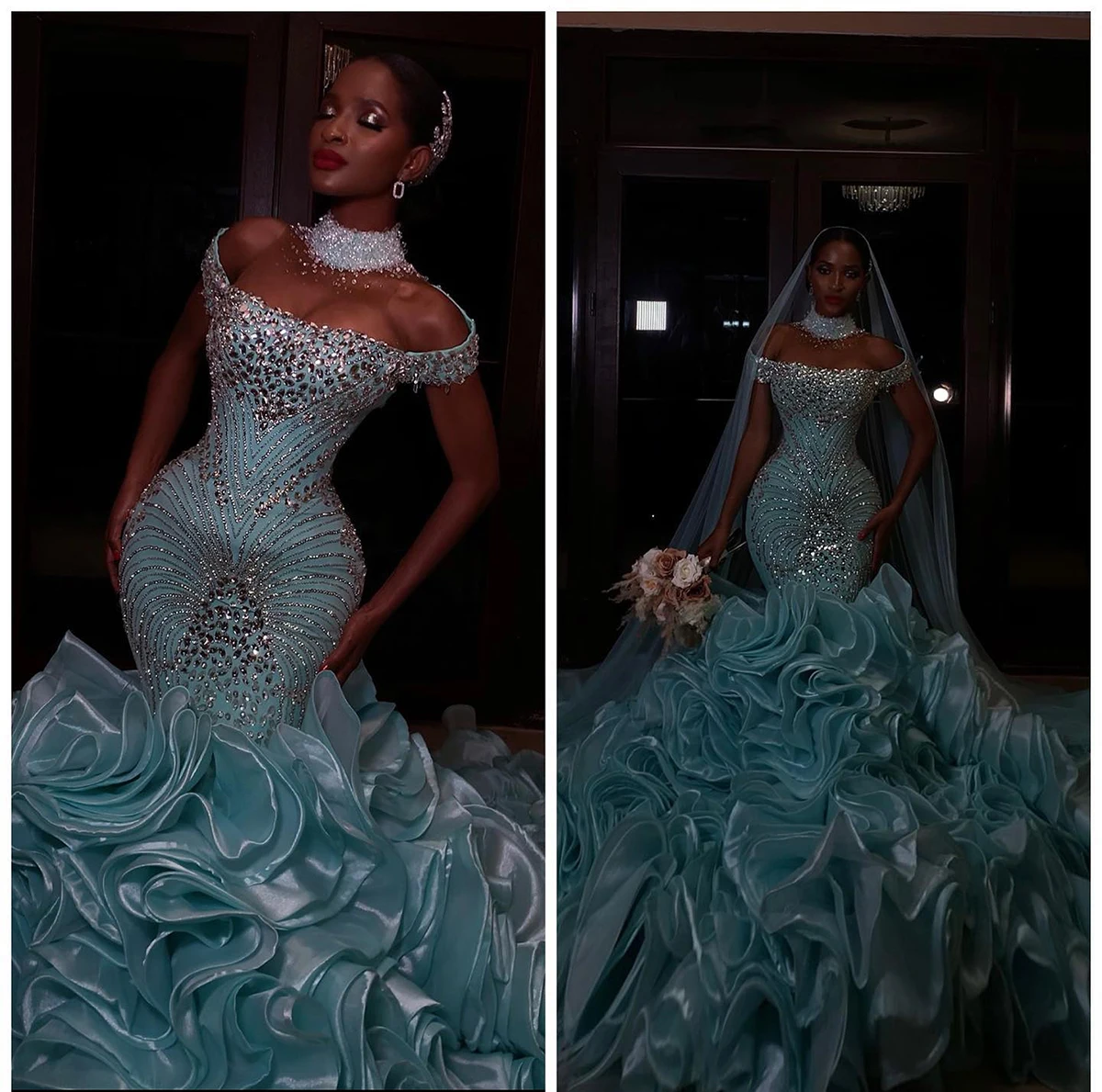 Luxury Evening Dresses Off Shoulder Formal Prom Dress Beading Crystal Sweep Train Robes De Soirée Custom Made Custom Made