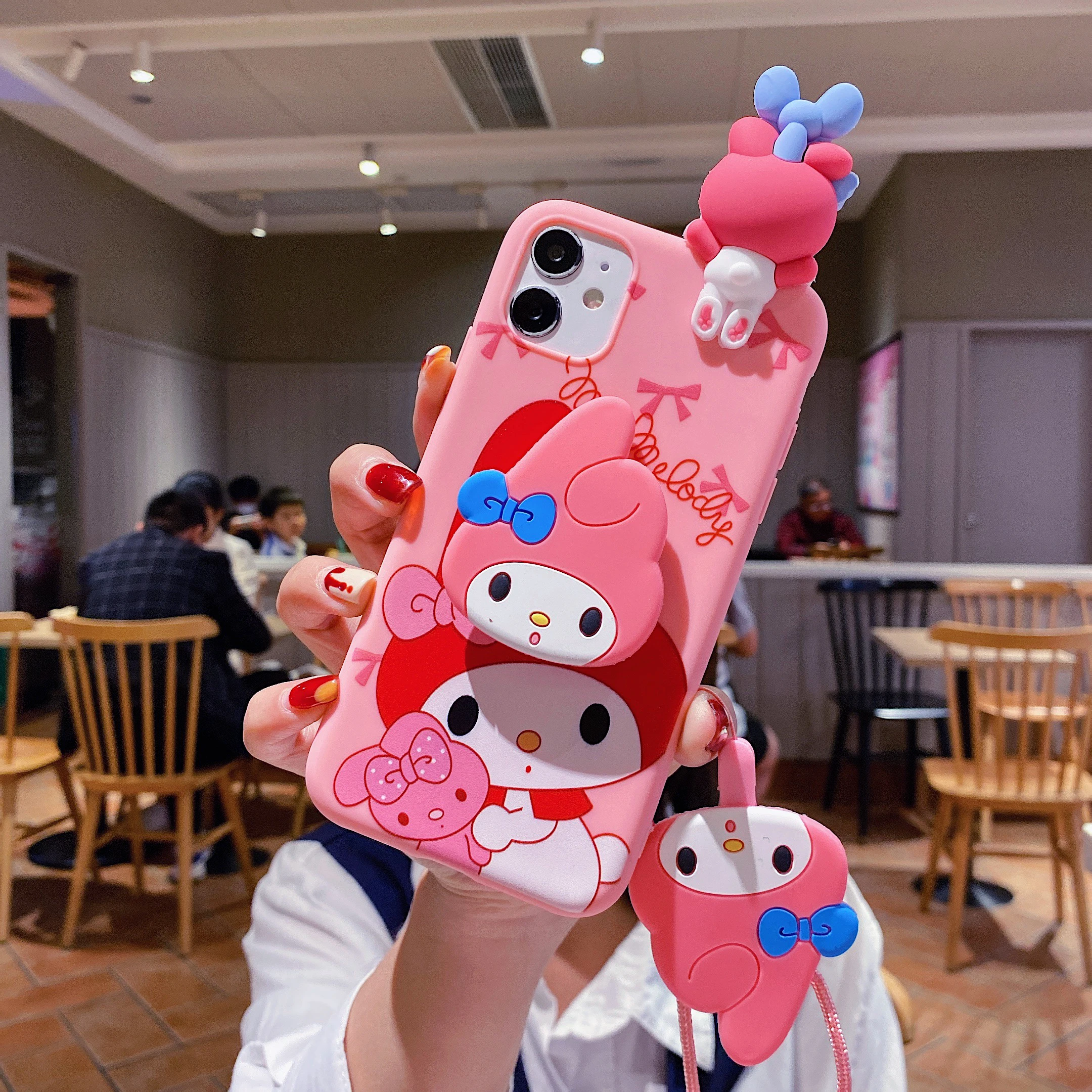 For iPhone 17 16 16e 15 14 13 12 11 Pro Max Air XR X XS Max 6 6S 7 8 Plus SE 3D Cartoon Sanrio Kitty Melody Holder Lanyard Case