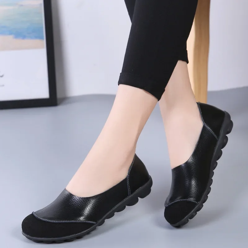 2026 New Ladies Shoes Woman Split Genuine Leather Woman Flats Slip On Woman\'s Loafers Female Moccasins Shoes Plus Size 35-44
