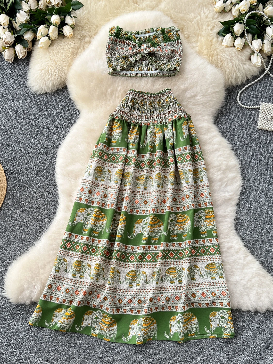 Thai Sle Vaion Wear Damen Sommer Design Knoten Krawatte Crop Top Hohe Taille Elefantenmuster Rock Faionable Ensemble