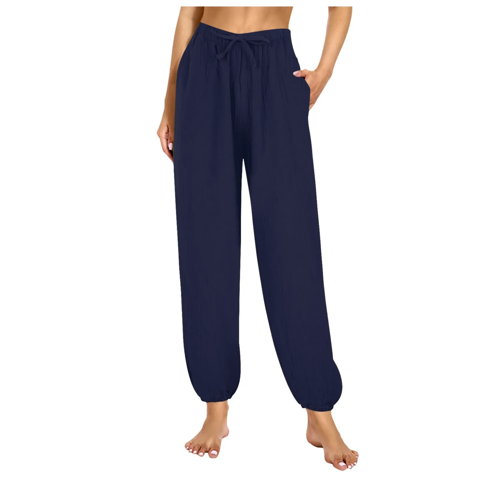 Light Weight Joggers Women Solid Color Wrinkle Simple Slimming Elastic Waist Pocket Pajama Pants Home Ropa De Mujer