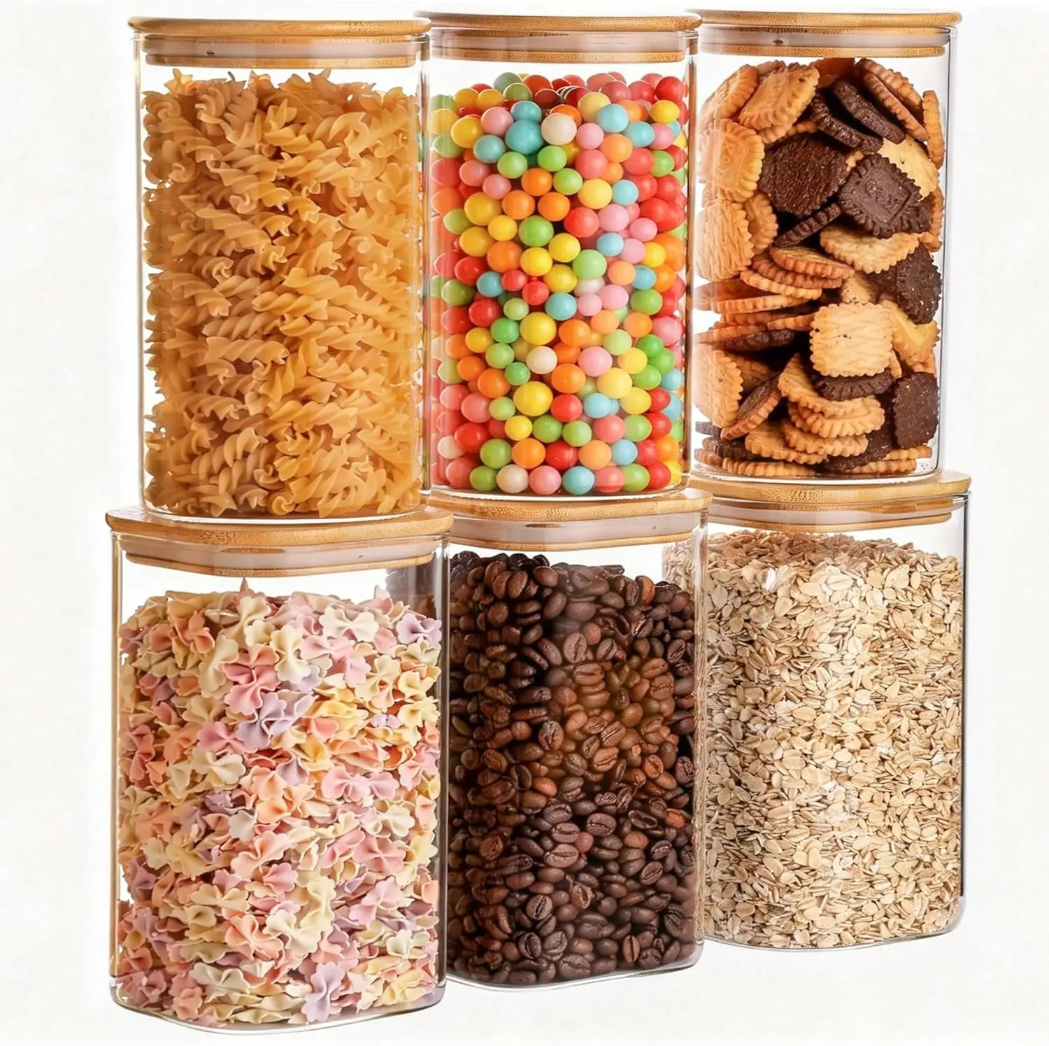 

Набор из 6 стеклянных банок для хранения продуктов (3 квадратные + 3 круглые), герметичные прозрачные контейнеры объемом 37 унций с бамбуковыми крышками, штабелируемые для хранения в кладовой