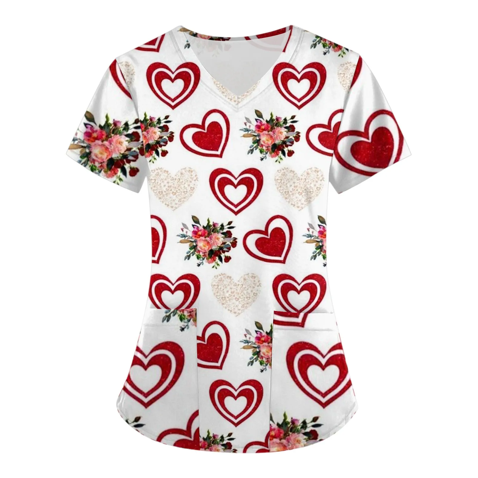 Valentine's Day Nurse Uniform Tops Womens Butterfly Cartoon Print Short Sleeve Pocket Overalls Uniforms Medical Nursing Blouse