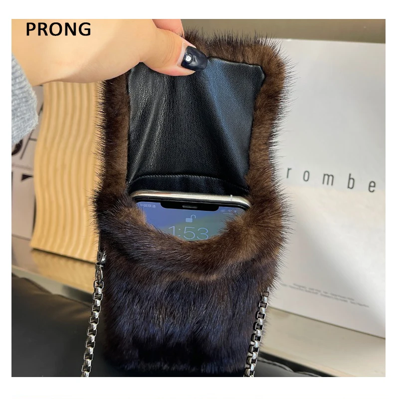 Real Mink Fur Crossbody Bag For Women Small Moblie Phone Bags Girls Exquisite Coin Purse Mini Outdoor Travel Pouch Simple Wallet