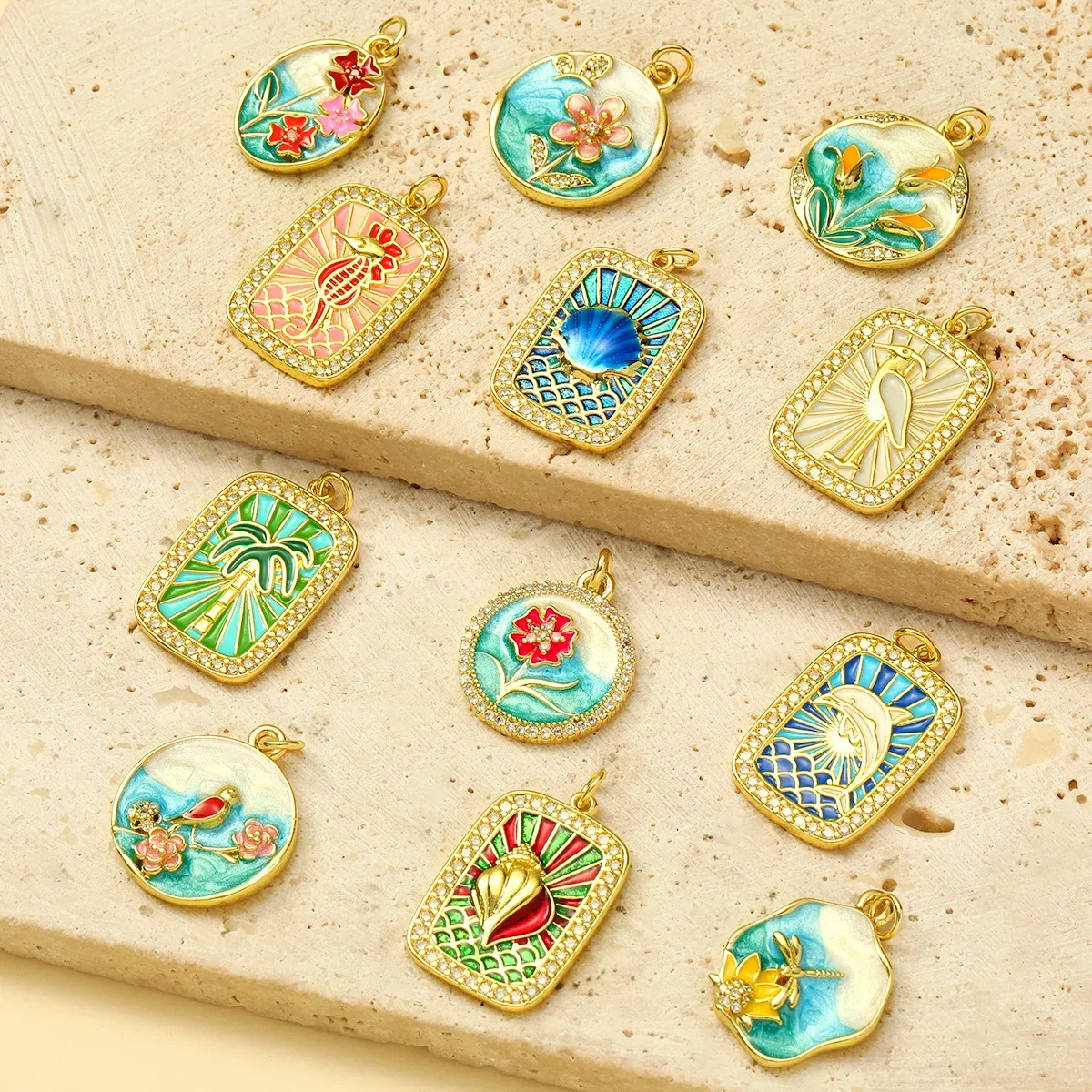 3pcs/Lot Wholesale Parrot Dolphin Shell Copper Zircon Necklace Pendant Women Enamel Monet Garden DIY Charms Flower Jewelry