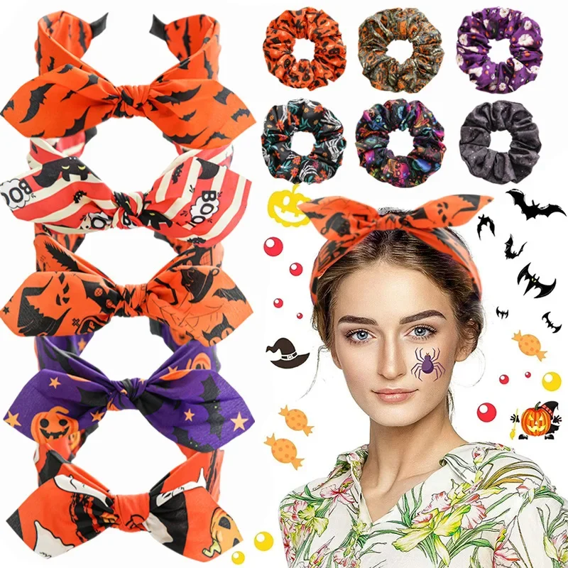 Halloween Skeleton Pumpkin Fabric Print Headband for Women Festival Scrunchies Hair Rope Spot