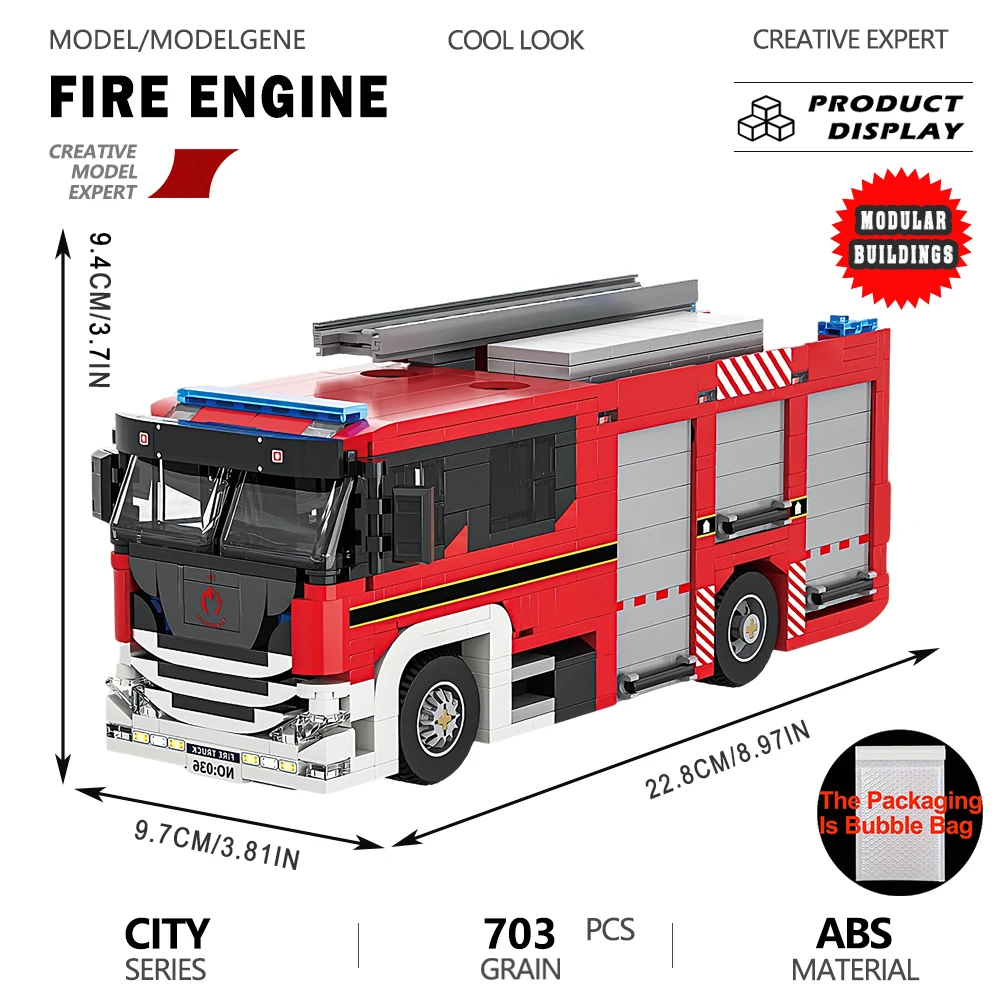 

High Simulation Ladder Truck Fire Engine Building Blocks Engineering Rescue Vehicle Model Assembly Toy Desktop Display Ornaments