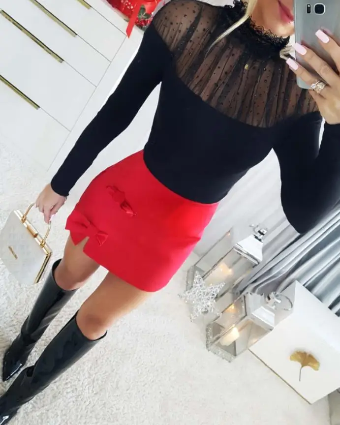 

Diamond Embellished Lace High Neck Mesh Patch Top for Autumn Fashion, Sexy Lace See Through Collar Long Sleeved Tight Top