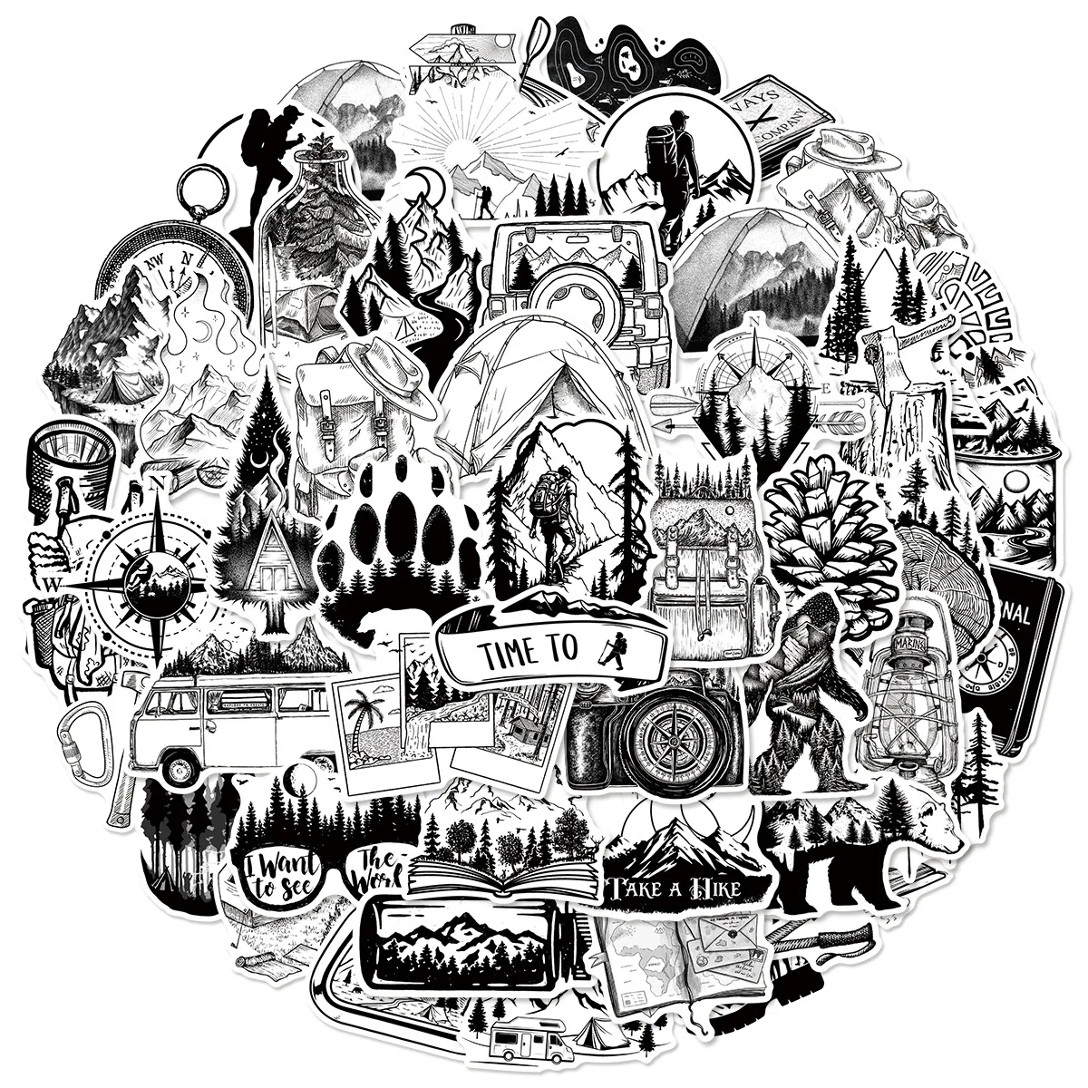 

50PCS Black and White Style Outdoor Mountain Climbing Graffiti Stickers Personalized Creative Decoration Water Cup Desk Guitar