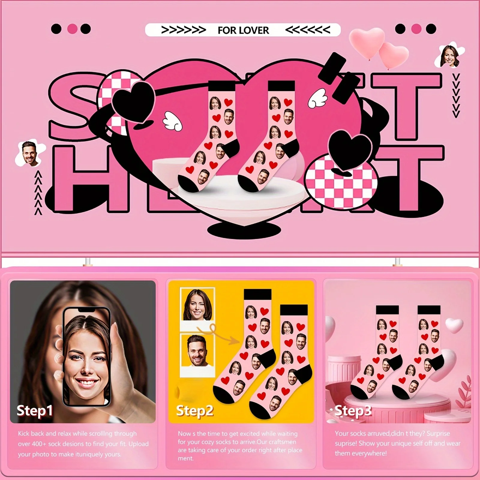 1 pair (single and double packaging) personalized photo couple customized socks-socks with customizable head, printed with your view 3
