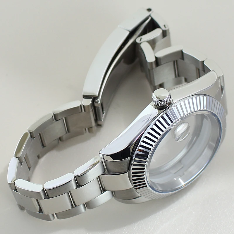 39mm 36mm Polished DJ Bezel Watch Case Sapphire For NH35 NH36 NH38 NH34 Miyota 8215 Movement Solid Steel Bracelet Sliding Buckle