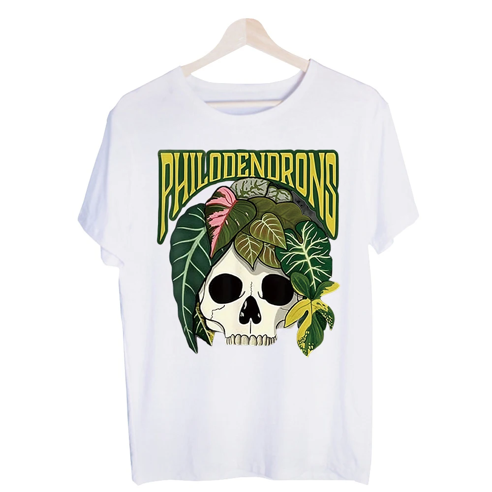 Men's Skull and Philodendron Leaves Graphic Tee, Short Sleeve Crew Neck T-Shirt for Casual Streetwear and Summer Outfits