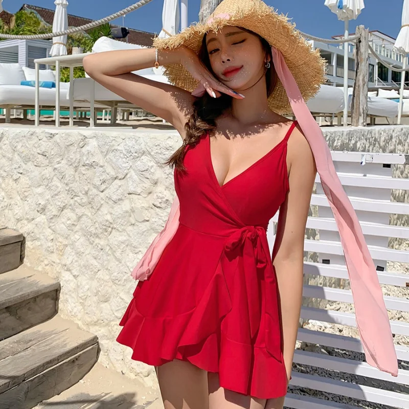 

2025 Women’s Steel Bracket Push-up Bow One-Piece Bikini - Conservative Cover Belly Thin Skirt Swimwear