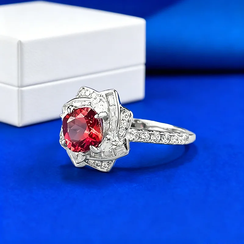 Luxury white gold solid platinum PT950 6*6mm fat square sunset red rose ring with petal shape surround