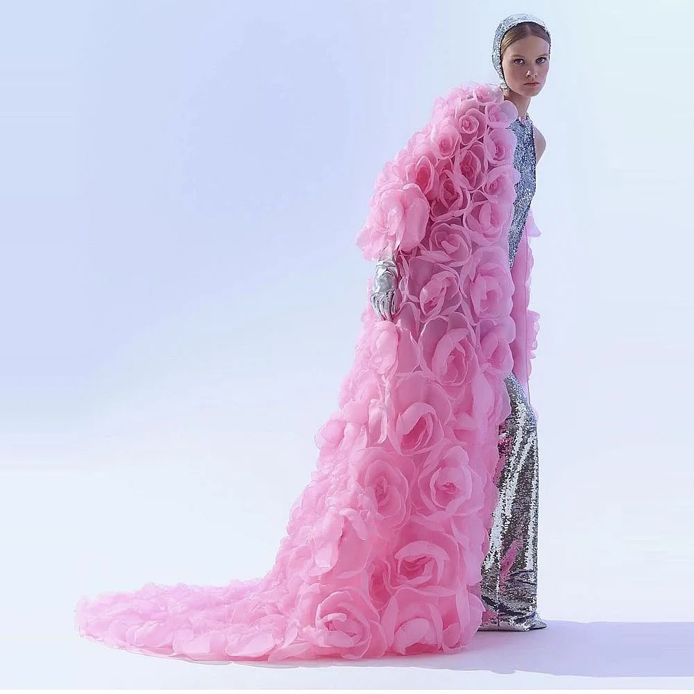 

Женское пальто с розовыми цветами, пальто ручной работы с цветами и длинными рукавами из органзы, очень пышная тюлевая куртка с длинными рукавами для дня рождения