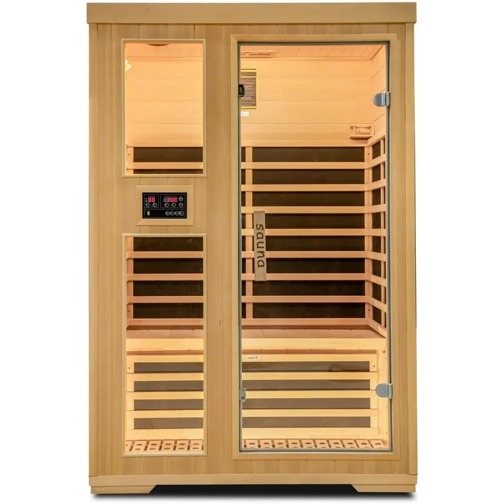 2 Person Far Infrared Home Indoor Sauna，1750W Personal Sauna Room Home Workout Use，Wooden Dry Sauna Set