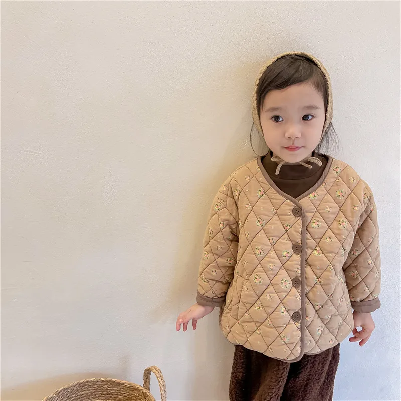 Winter New Korean Style Kids Clothes Floral Printed Baby Girls Quilting Coats Thicken Warm Children Cotton Padded Outerwear