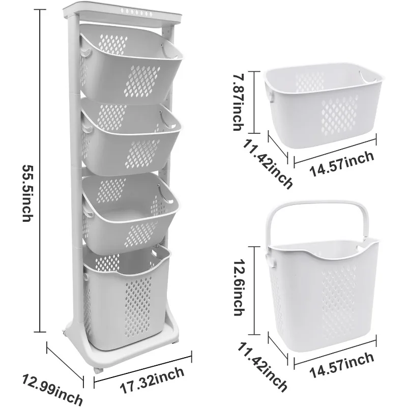 4-Tier Laundry Hamper Sorter, Laundry Storage Organizer with Wheels Removable Rolling Laundry Baskets, Bathroom Cart