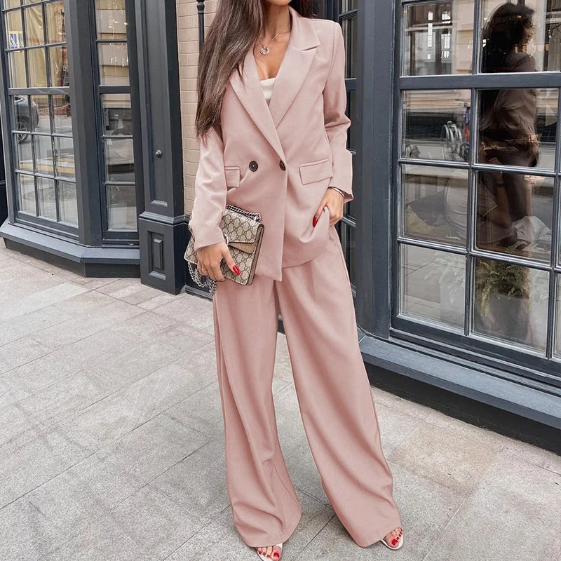 Autumn Fashion Solid Blazer Suit and Wide Leg Pants Two 2 Piece Set for Women Winter Office Ladies Street Outfit