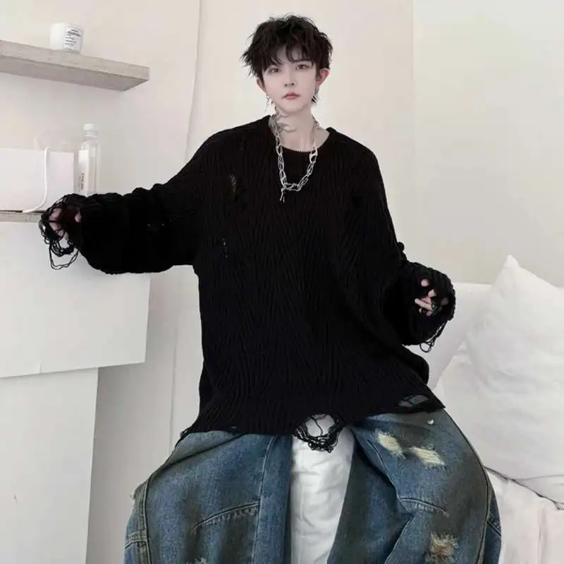 루젠 스웨터 풀오버 2025 루즈핏 솔리드 니트 컬러 홀로우 탑스 개성있는 멋진 트렌디 남성 캐주얼 아우터웨어 JY4682